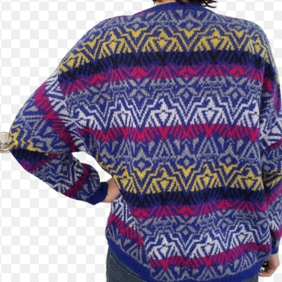 Vintage Knit Sweater Benetton Fair Isle Southwestern Cobalt blue Mohair - Picture 1 of 11